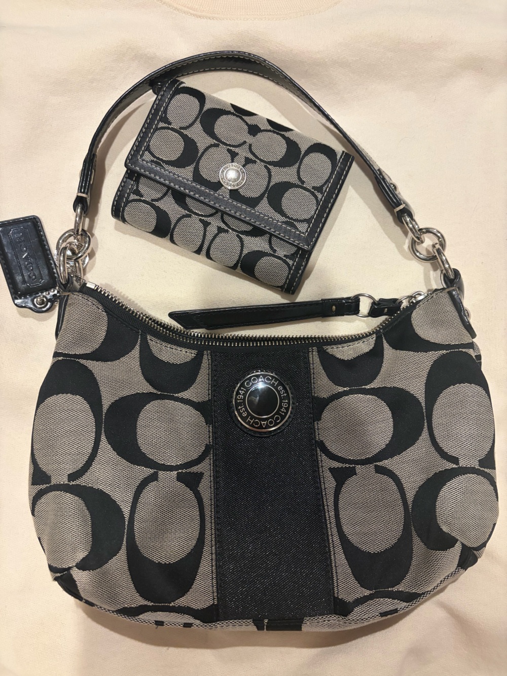 Coach Black and Gray Signature Canvas Hobo with Coin Wallet